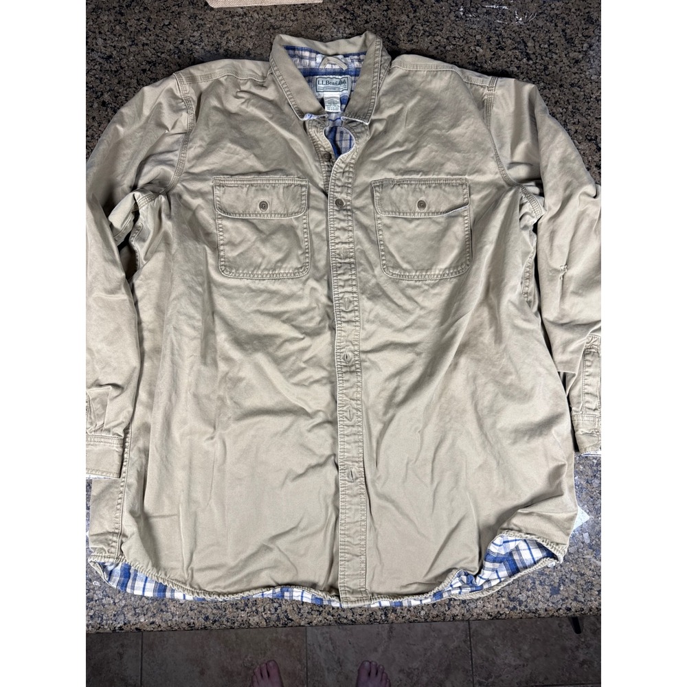 LL Bean Flannel Lined Shirt Jacket Mens XL Tall Tan Khaki Plaid Rugged Twill